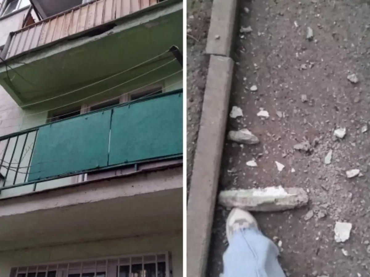 Куски бетонной плиты падают с балкона жилого дома в Ростове