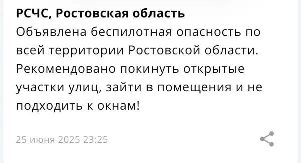 В Ростовской области объявили беспилотную опасность ночью 25 июня