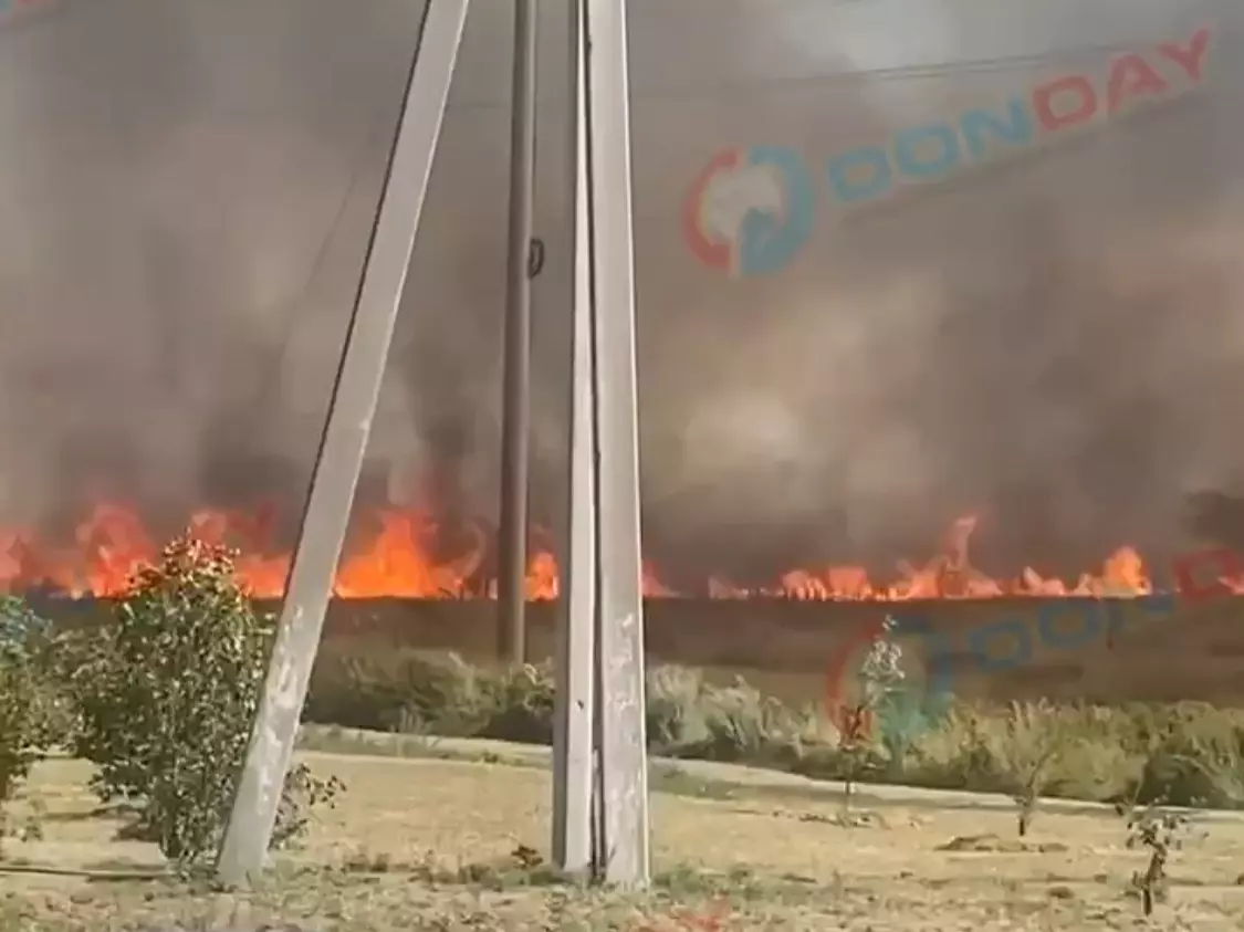 В селе под Таганрогом на большой площади полыхает сухая трава