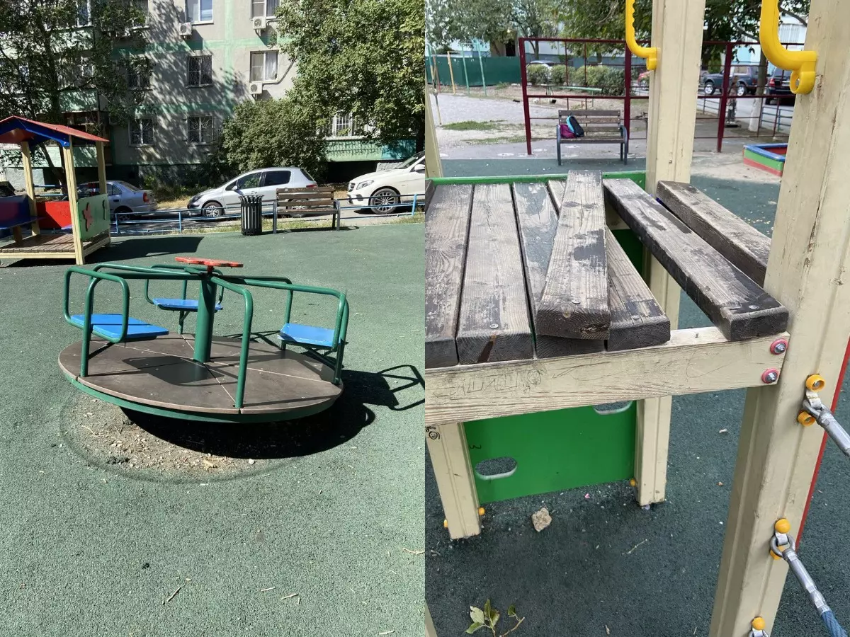 Детская площадка на Таганрогской пришла в негодность за несколько месяцев после ремонта