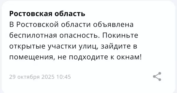 В Ростовской области утром 29 октября объявили беспилотную опасность Фото к материалу: В Ростовской области утром 29 октября объявили беспилотную опасность