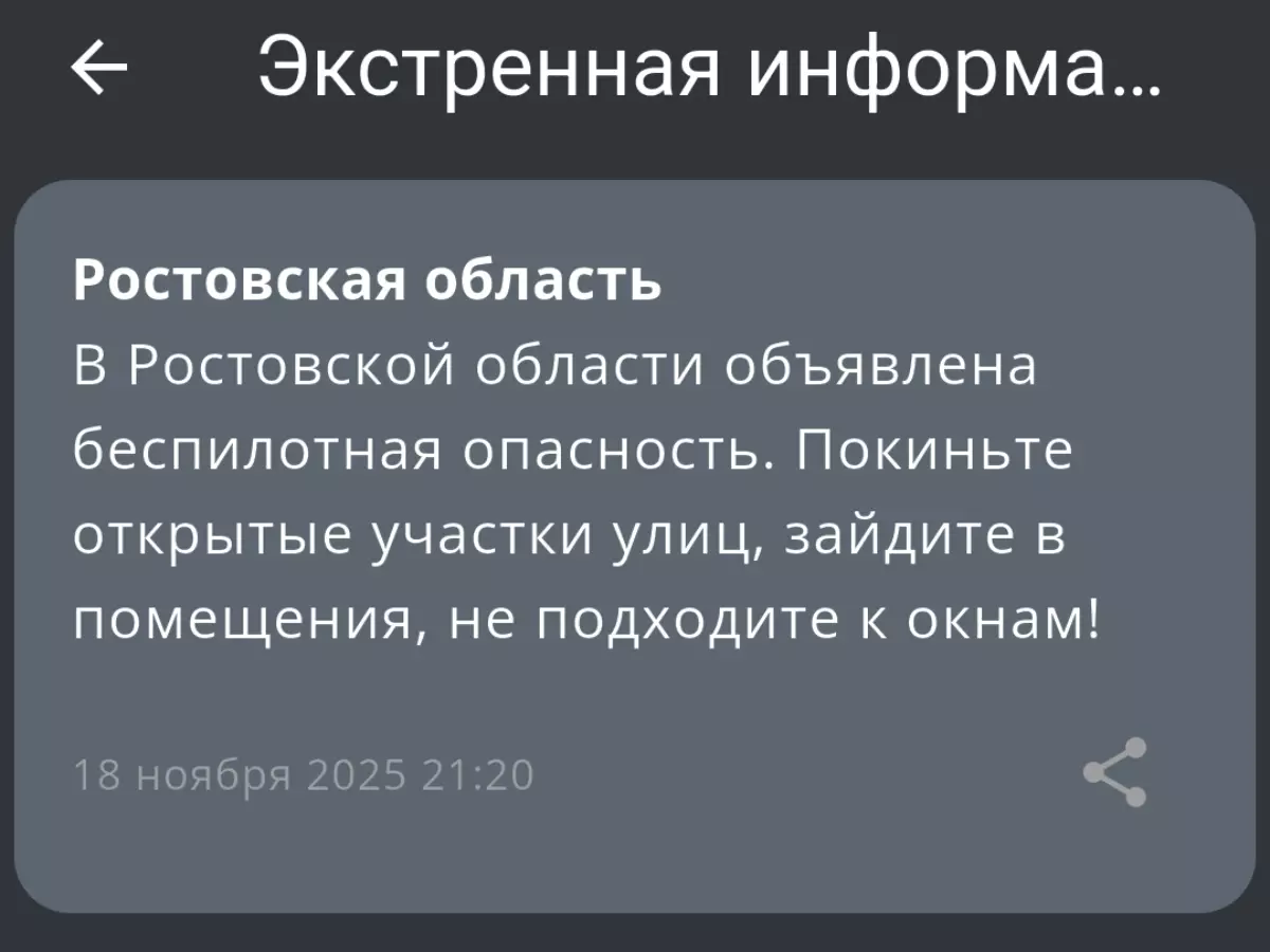 В Ростовской области 18 ноября объявили беспилотную опасность