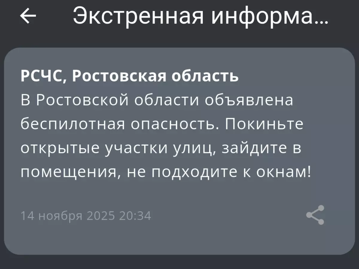 В Ростовской области объявлена беспилотная опасность 14 ноября