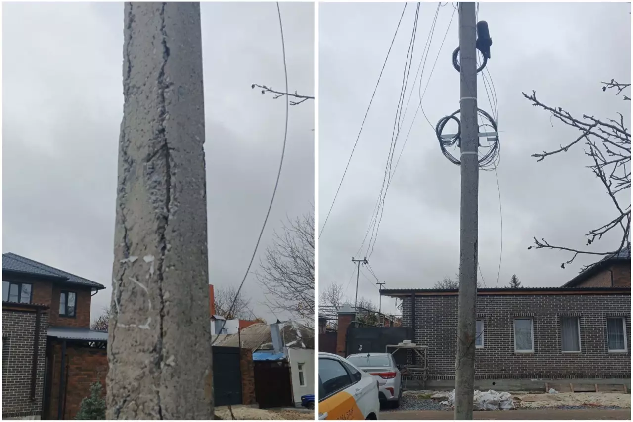 В Ростове ветхая опора ЛЭП рискует упасть на дом и автомобиль горожанина