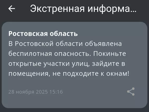 Фото к материалу: В Ростовской области второй раз за день объявляют беспилотную опасность 28 ноября