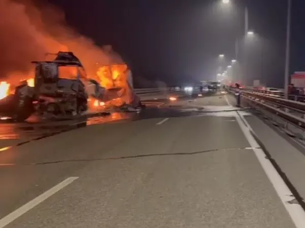 Фото к материалу: Из-за горящей фуры движение на трассе М-4 в районе аэропорта Платов парализовано 