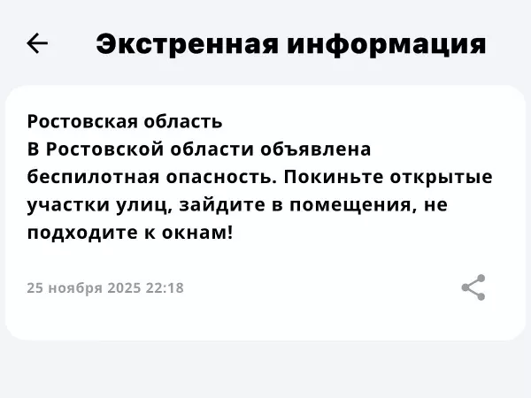Фото к материалу: Беспилотная опасность объявлена в Ростовской области вечером 25 ноября