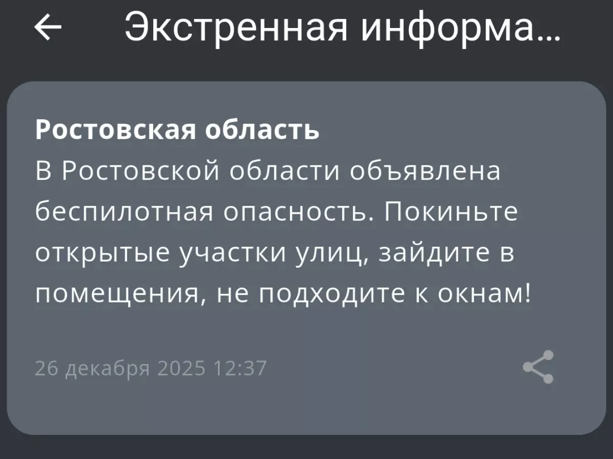 В Ростовской области днем 26 декабря объявили беспилотную опасность