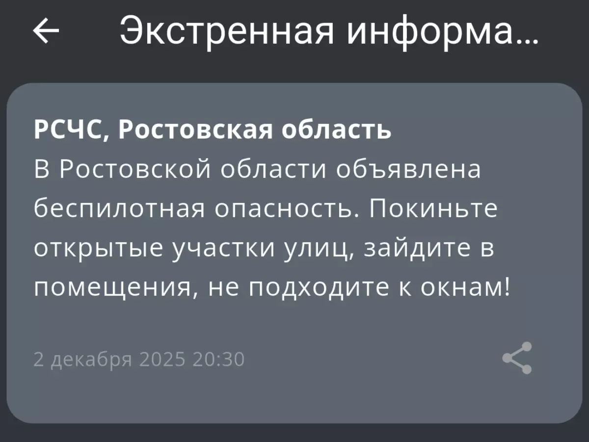 В Ростовской области вечером 2 декабря объявили беспилотную опасность