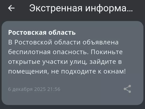 Фото к материалу: В Ростовской области вечером 6 декабря объявили беспилотную опасность