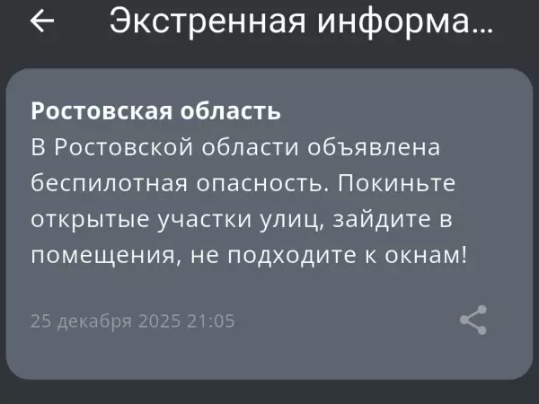 Фото к материалу: В Ростовской области вечером 25 декабря объявили беспилотную опасность