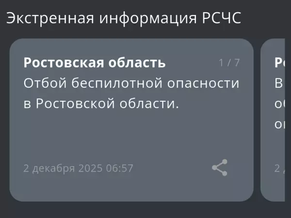 Фото к материалу: В Ростовской области утром 2 декабря объявили отбой беспилотной опасности
