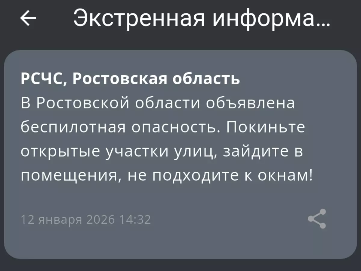 В Ростовской области днем 12 января объявили беспилотную опасность