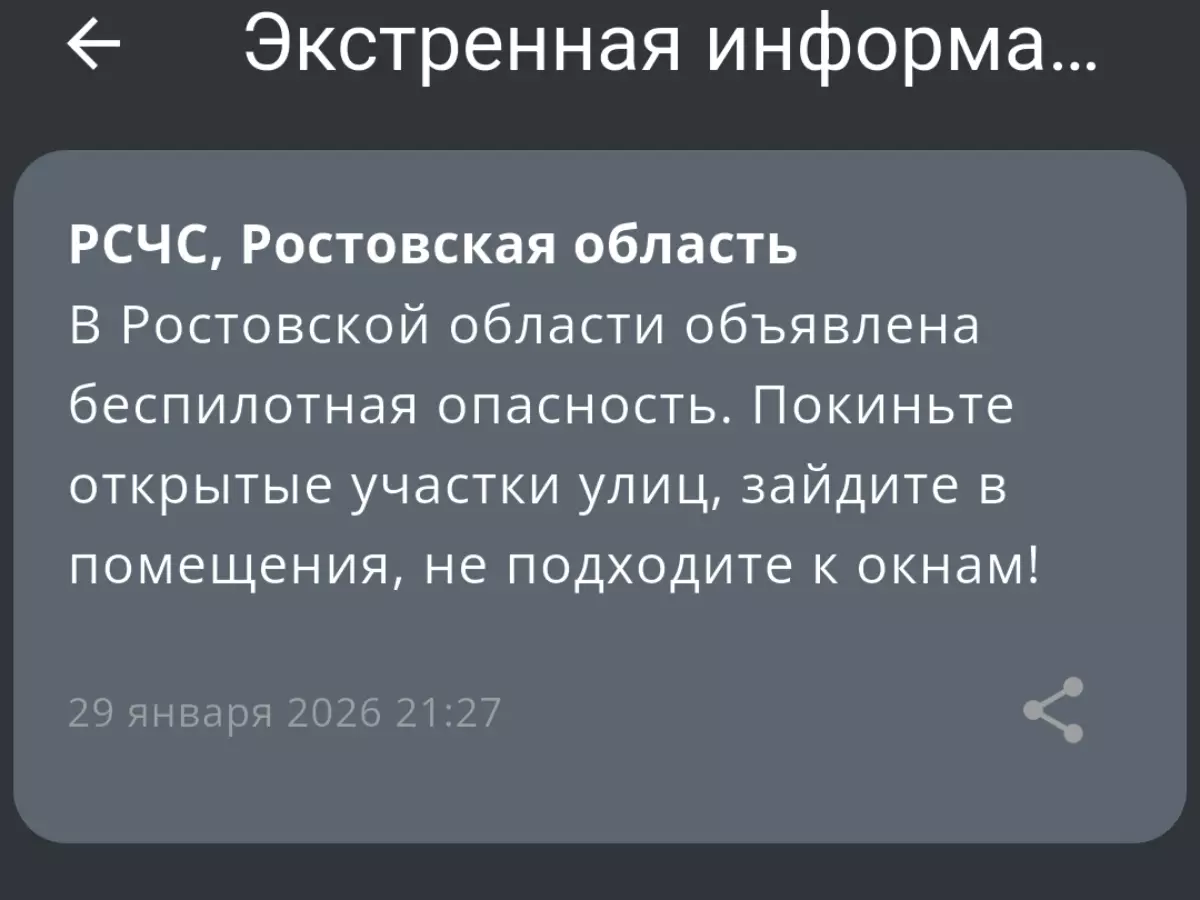 В Ростовской области вечером 29 января объявили беспилотную опасность