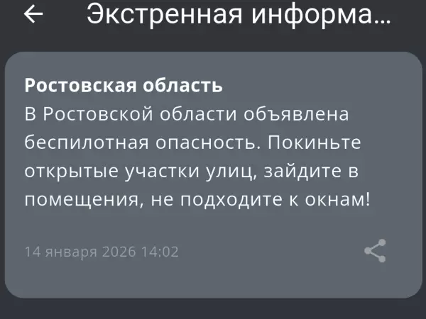Фото к материалу: В Ростовской области днем 14 января объявили беспилотную опасность