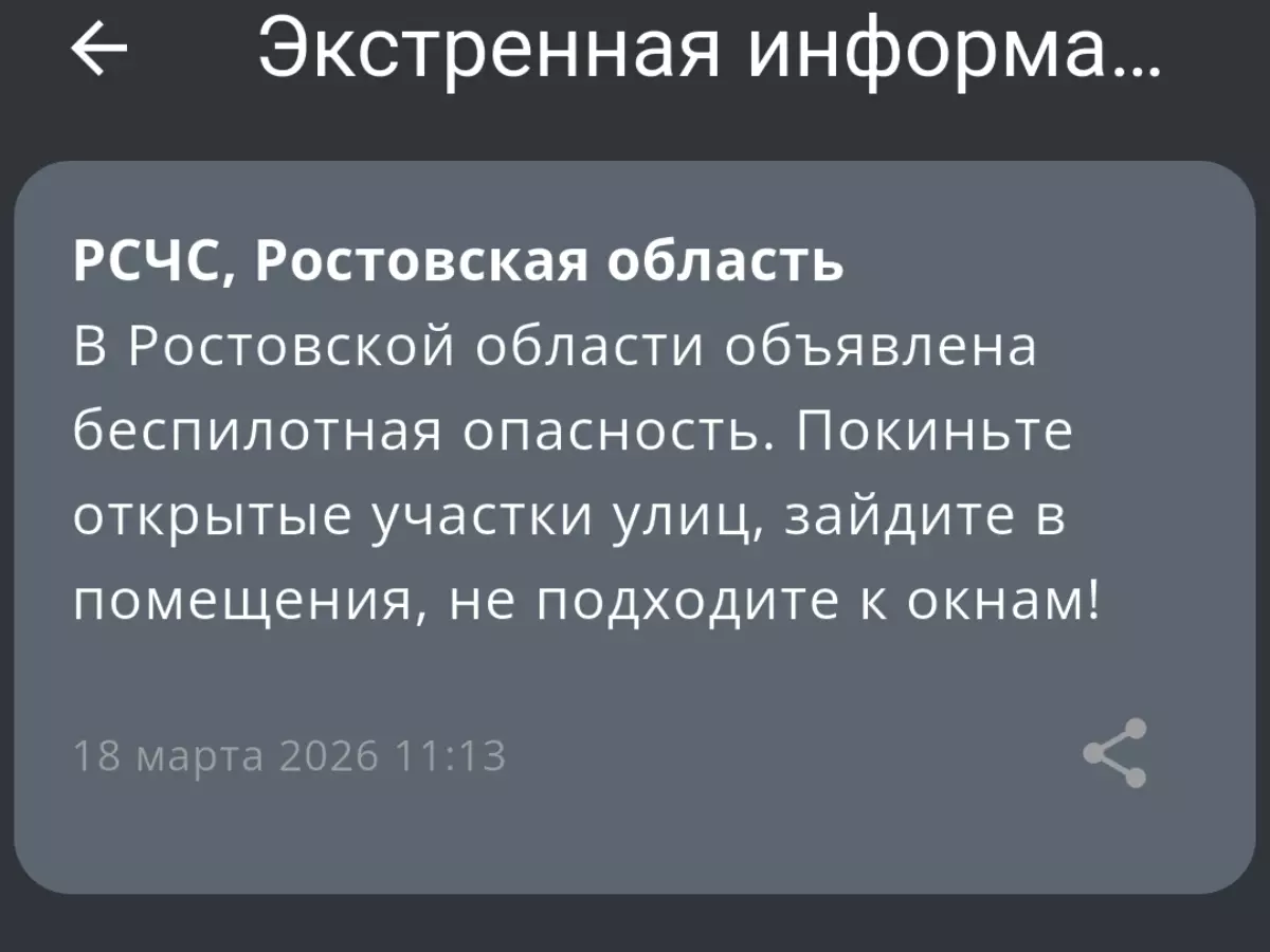 В Ростовской области утром 18 марта объявили беспилотную опасность