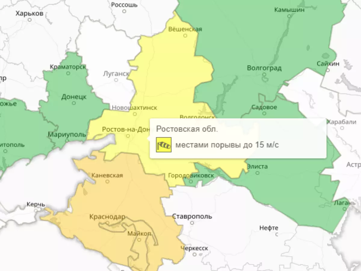 В Ростовской области введен желтый уровень погодной опасности из-за сильного ветра