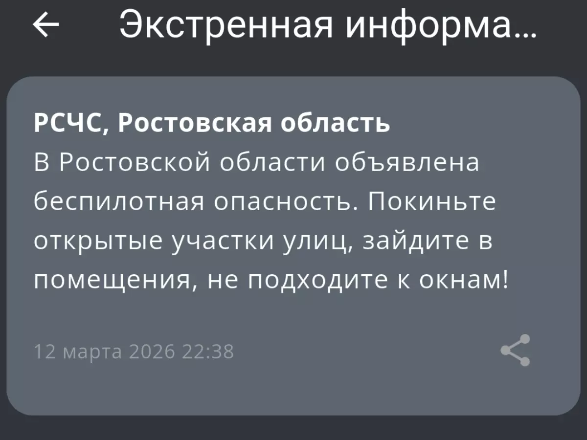 В Ростовской области вечером 12 марта объявили беспилотную опасность