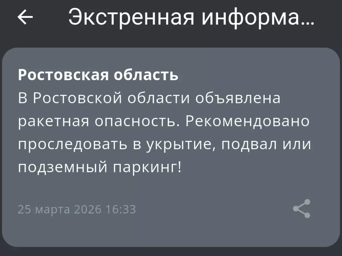 В Ростовской области днем 25 марта объявили ракетную опасность