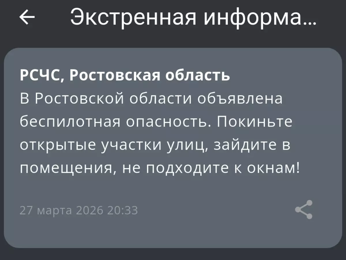 В Ростовской области вечером 27 марта ввели режим опасности по БПЛА