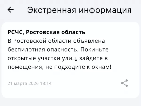 Фото к материалу: В Ростовской области второй раз за стуки 21 марта объявляют беспилотную опасность