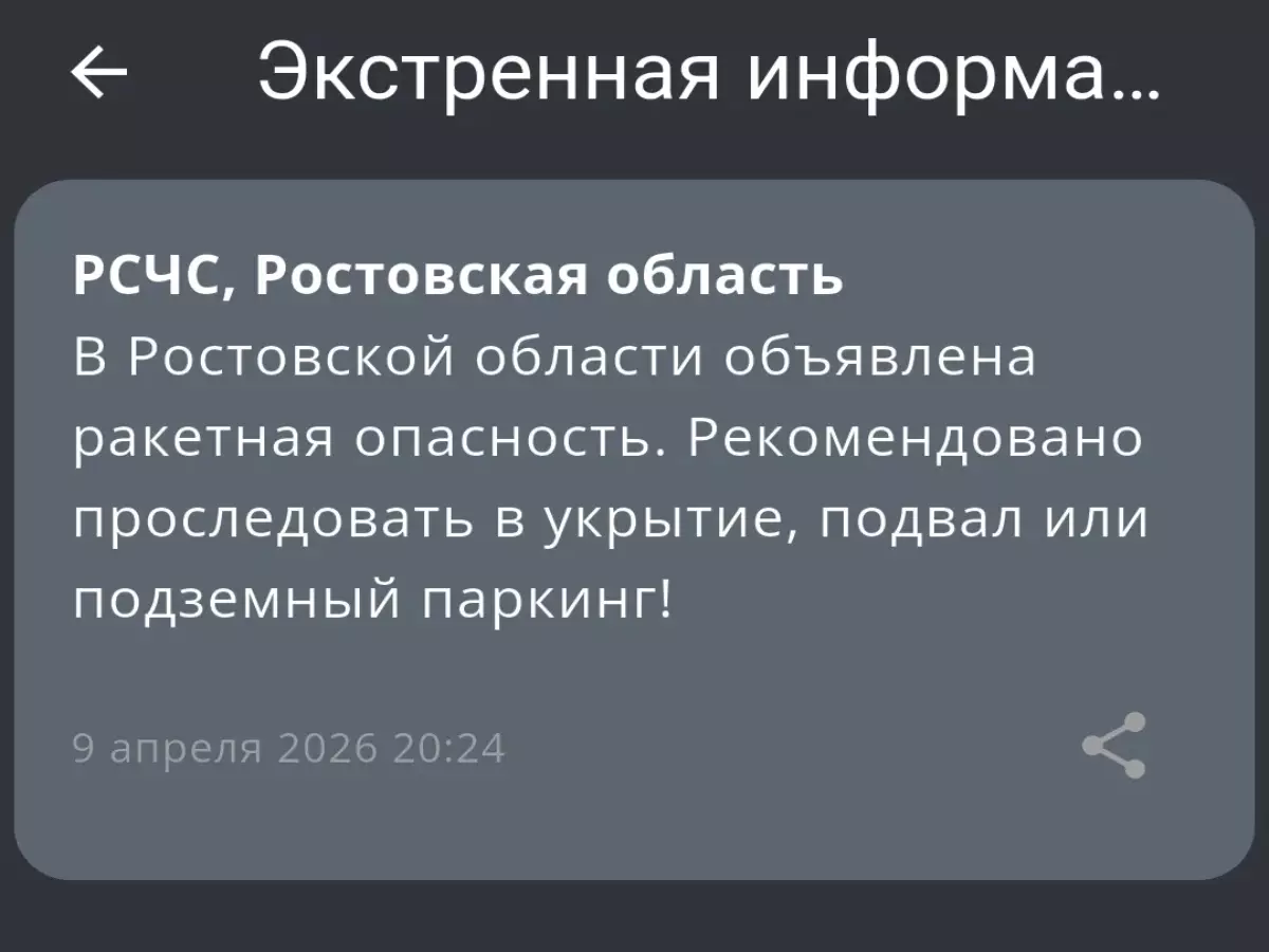 В Ростовской области объявлена ракетная опасность вечером 9 апреля