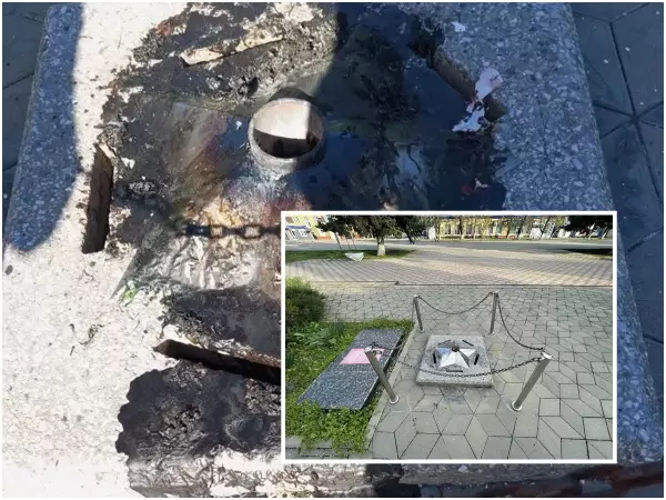 Фото к материалу: В Зернограде неизвестные в очередной раз осквернили мемориал Вечного огня